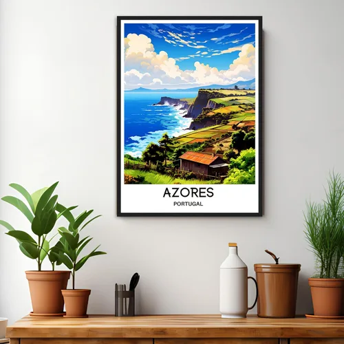 Vista 2 de Póster de viaje de Azores Impresión de viaje Azores Impresión de la isla de las Azores Viajes Azores Arte de pared Azores Pintura Azores Portugal