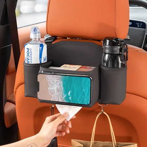 Vista 8 de Tumecos Bolsa de almacenamiento para el respaldo del asiento del automóvil, organizador de asiento trasero con caja de pañuelos, bolsillo