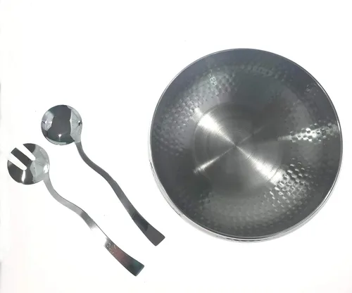Vista 2 de Ensaladera martillada de 3 piezas con 2 utensilios para servir – Completo con cuchara y tenedor de gran tamaño a juego – Úselo como ensaladera