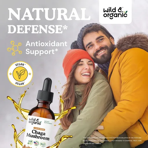 Vista 2 de Wild & Organic Tintura de hongos Chaga - Apoyo inmunológico con extracto líquido de hongo Chaga - Suplemento de gotas de inmunidad - Vegano, sin