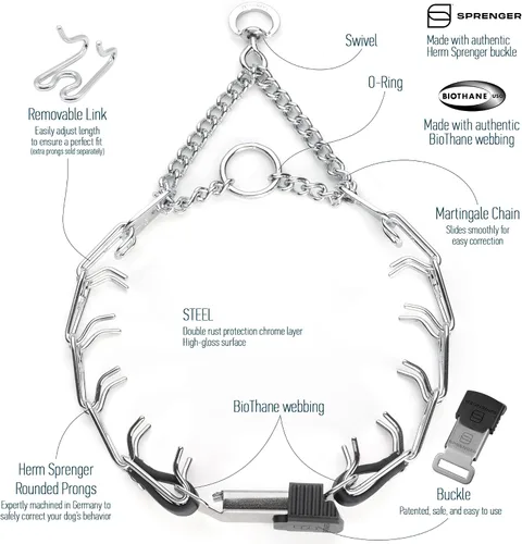 Vista 3 de Collar de perro de acero cromado Herm Sprenger para perros pequeños con hebilla de liberación rápida ClicLock y inserto de Biothane Collar de punta