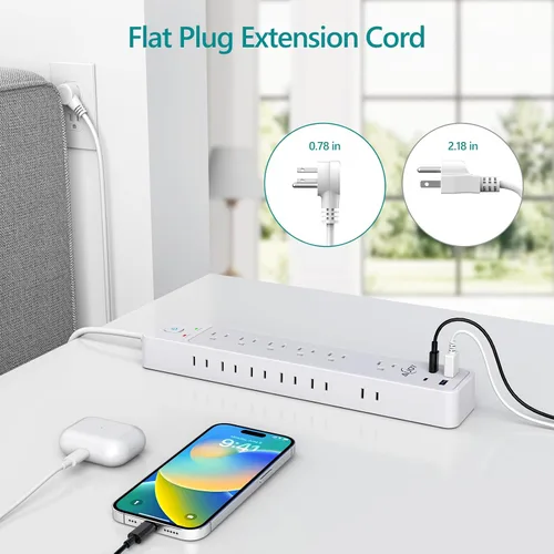 Vista 4 de Regleta de protección contra sobretensiones de 5 pies con 12 tomas de corriente y 4 puertos USB AiJoy Power Strip with USB Ports Extension Cord