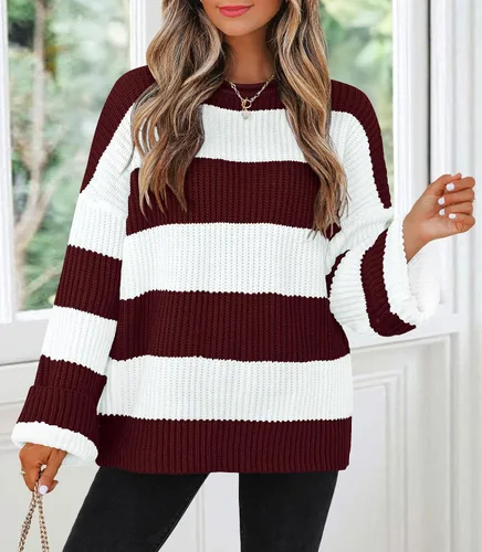 Vista 85 de ZESICA Suéter tejido sin botones de manga larga y cuello redondo, a rayas, bloques de color, cómodo, holgado, talla extragrande para mujer de 2024