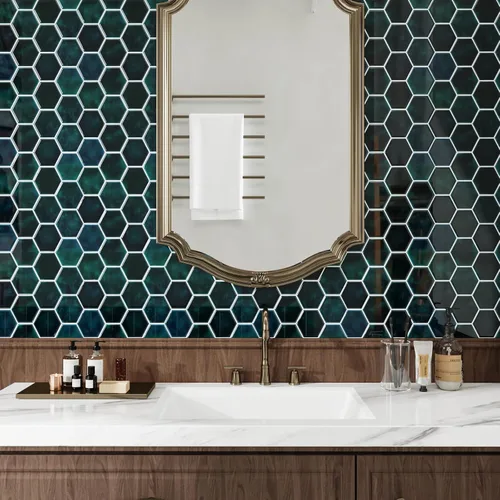 Vista 3 de CRE8TIVE 4 hojas de azulejos para despegar y pegar en muro para cocina, azulejos hexagonales de 12 x 12 pulgadas, color verde esmeralda