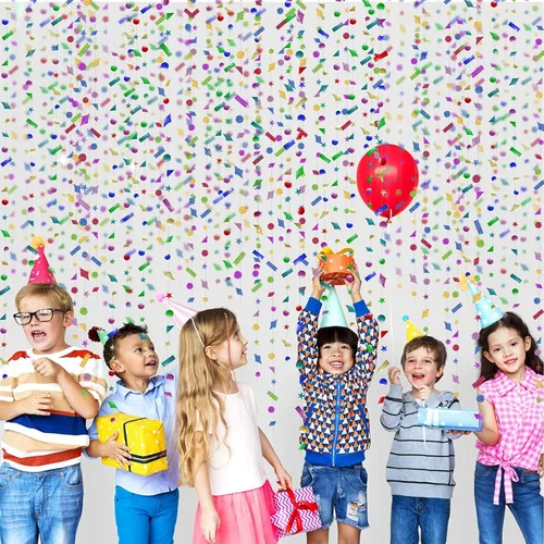 Vista 2 de Cheerland Coloridas guirnaldas de confeti holográficas para fiestas, telón de fondo con purpurina y estrellas arcoíris para cumpleaños, Nochevieja