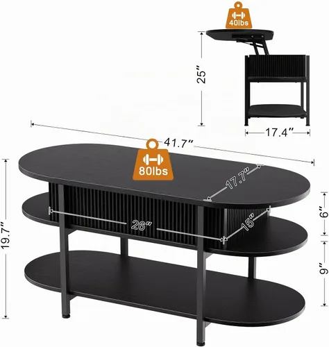 Vista 6 de FABATO - Mesa de centro oval de 41.7" con parte superior elevable, mesa central de madera estriada con almacenamiento oculto, mesas pequeñas de 3
