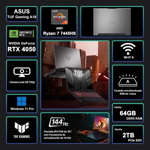 Vista 2 de ASUS TUF Gaming A16 Laptop de 16 pulgadas WUXGA IPS 144Hz AMD 6 núcleos Ryzen 7 7445HS 16GB RAM 1TB SSD GeForce RTX 4050 (hasta 194 AI Tops) RGB