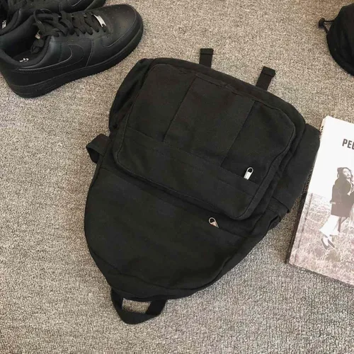 Vista 6 de Mochila de lona para mujer, mochila estética retro, mochila básica para estudiantes de secundaria/universidad, bolsa de viaje para laptop, Negro