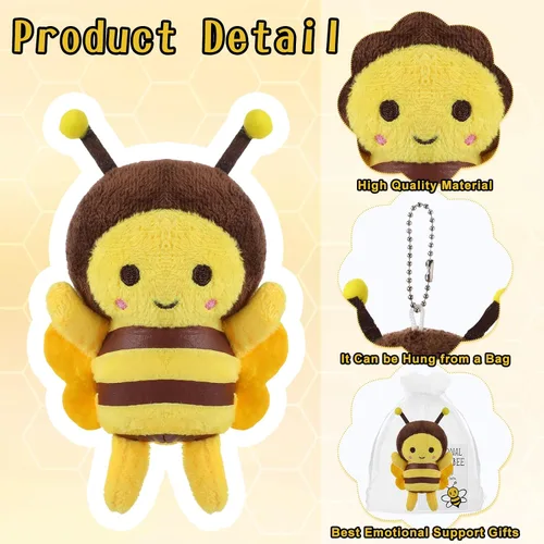 Vista 3 de RoundFunny 6 juegos de llaveros de abeja de peluche de 5 pulgadas con tarjetas inspiradoras y bolsas de organza para bodas, regalos de fiesta