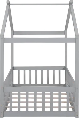 Vista 5 de Cama con dosel con valla, moderna cama de plataforma de madera maciza con cabecera y soporte de listones, moderna cama con paneles de 4 carteles Gris