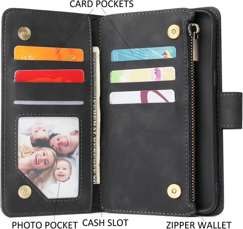 Vista 2 de UEEBAI Funda tipo cartera para Samsung Galaxy S9 Plus, funda de piel sintética, cierre magnético, bolsillo con cremallera, ranuras para tarjetas