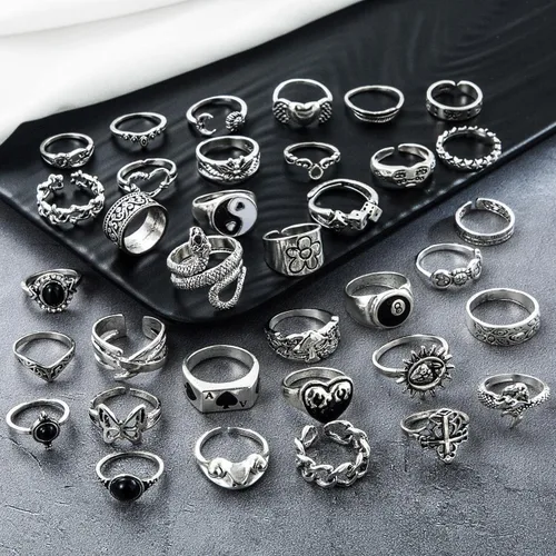 Vista 4 de 17IF Juego de anillos grunge góticos de plata vintage para mujeres, hombres y niñas, gruesos, góticos, punk, apilables, ajustables, abiertos