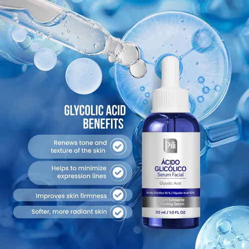 Vista 4 de Pili Ácido glicólico 10% de concentración – Suero iluminador, suavizante y exfoliante con AHA para colágeno y renovación celular Botella de 1
