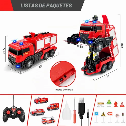 Vista 6 de Grarain Camión de bomberos a control remoto con sonidos LED, juguete de automóvil a control remoto con 3 camiones de bomberos pequeños y 10 modelos