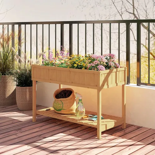 Vista 9 de Outsunny Cama de jardín elevada de 43 x 18 x 30 pulgadas con 8 bolsillos y estante, maceta elevada de madera con patas para cultivar hierbas, Madera