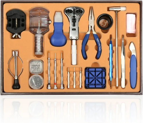 Vista 6 de H&S - Kit de herramientas de reparación de relojes, 155 piezas, herramientas para extracción de eslabones y espalda y ajuste de correa, viene en una