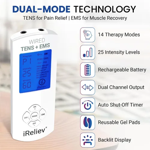 Vista 3 de iReliev Unidad TENS + estimulador muscular EMS con 14 modos de terapia, sistema de alivio del dolor y recuperación premium, recargable, pantalla