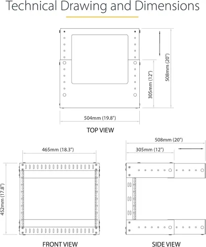Vista 6 de StarTech.com Rack de red de montaje en pared de 8U de 19 pulgadas, profundidad ajustable de 12-20 pulgadas, 2 postes de marco abierto, estante
