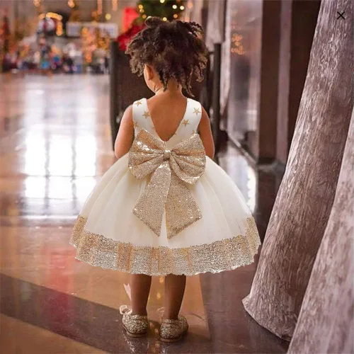 Vista 2 de Vestido de bebé de 12M-6Y con lentejuelas, lazo, flores, encaje, boda, concurso, tutú, vestido con gorro