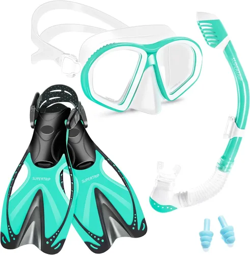 Vista 7 de Supertrip Kids Snorkeling Set, Snorkeling Gear for Kids, Children Mask Fin Snorkel Set with Tempered Glass, Snorkel Mask Diving Goggles, Dry Top