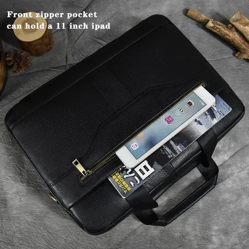 Vista 4 de Maletín de cuero genuino para hombres, bolso de hombro para computadora portátil con correa, bolso de trabajo de viaje de negocios de 15.6 pulgadas