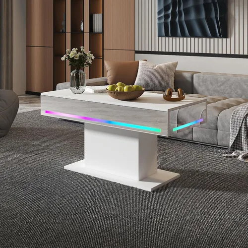 Vista 14 de HedoAjim - Mesa de café LED para sala de estar, mesa rectangular central de sala de estar, mesas de café modernas de madera con alto brillo y luces