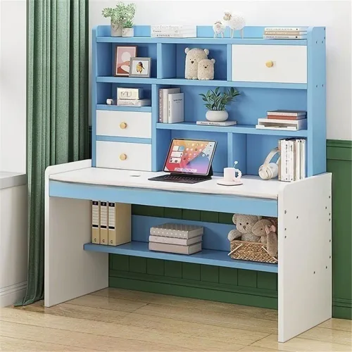 Vista 13 de Mesa rectangular de almacenamiento para niños con cajón, estantería moderna, estantes para mesa de trabajo, mesa de PC, escritorio de esquina