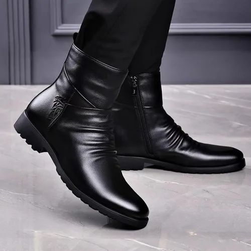 Vista 5 de Botines de vestir de cuero negro para hombre, botas cortas casuales de negocios con cremallera para otoño e invierno 2023
