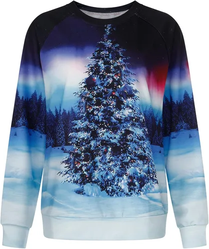 Vista 3 de Youngnet Overol para mujer, blusa de moda para mujer, cuello redondo, estampado de Feliz Navidad, manga larga, sudadera casual, Blanco