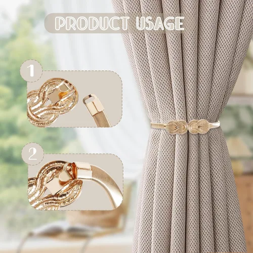 Vista 3 de 2Pcs Gold Curtain Tiebacks Shiny Metal Curtain Holdbacks with Exquisite Knot, Elegant Curtain Buckle for Living Room, Bedroom, Office Window