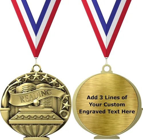 Vista 7 de Express Medals Pack of 10 (or More) Engraved Scholastic Academic Award Medals with RWB Neck Ribbons