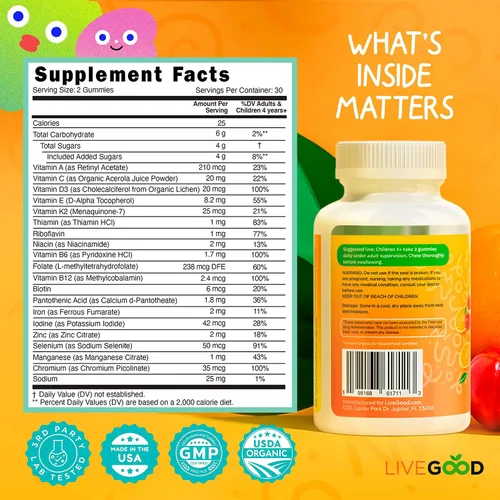 Vista 3 de LIVEGOOD Gomitas multivitamínicas orgánicas para niños, multivitamínico para niños, vitamina D para niños pequeños y niños, vitaminas orgánicas