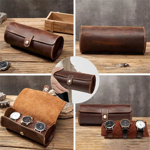 Vista 4 de XWWDP - Reloj suave y arrugado de cuero genuino con bolsillo para joyería organizador de viaje caja enrollable color marrón