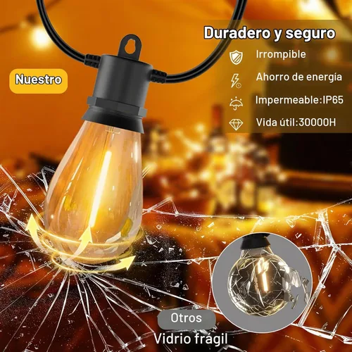 Vista 3 de Luces de Cadena para Exteriores 50 pies IP65 Impermeables Luces de Patio con 15 + 2 Bombillas LED Irrompibles Grado Comercial Luces de Cadena LED