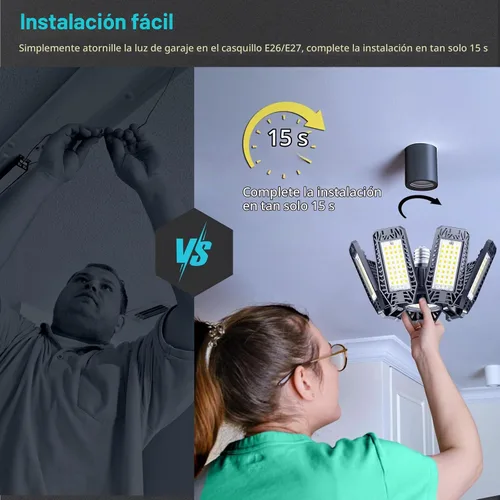 Vista 3 de Luz LED de garaje de 200W 20000LM 6500K, luces de techo de garaje con 7+1 paneles ajustables, luces de tienda con rosca E26 E27 para taller, sala
