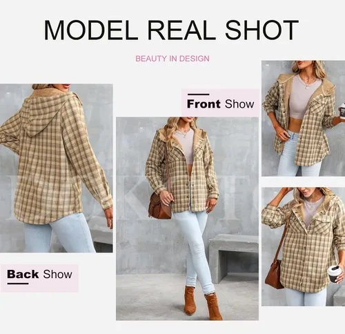 Vista 7 de Dokotoo - Chaqueta para mujer, manga larga, con botones y capucha, de vellón, cálida, a cuadros
