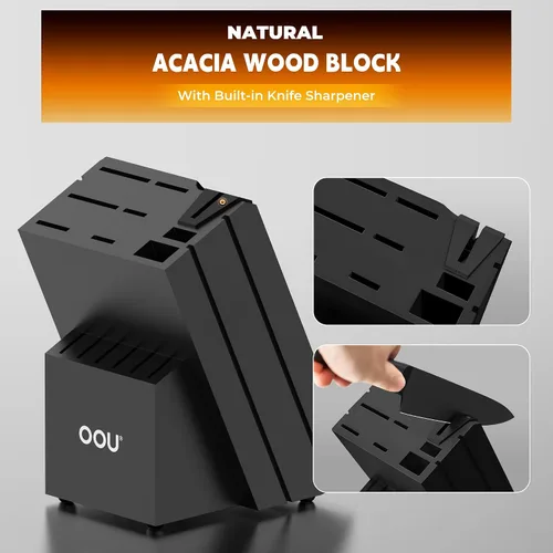 Vista 7 de OOU Juego de Cuchillos de Cocina con Bloque - 15 Piezas de Acero Inoxidable de Alto Carbono con Bloques de Afilado Integrados, Negro