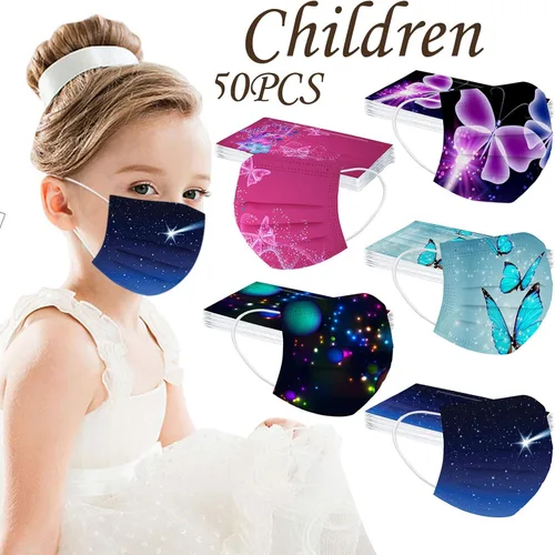 Vista 2 de 50 máscaras faciales desechables para niños y niñas, máscara de fiesta de mariposas, cuidado de la piel, vacaciones, transpirable, gruesa, 3 capas