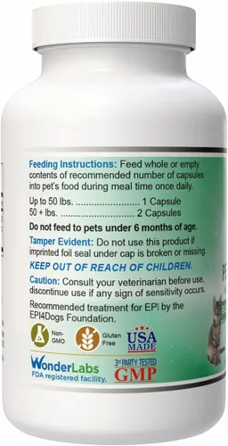 Vista 3 de Wonder Laboratories Pet Factor B-12 Vitamina B-12 en forma de metilcobalamina Popular en el tratamiento de EPI en perros 180 cápsulas
