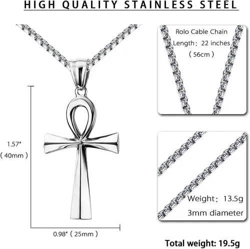 Vista 25 de Reve Collar con colgante religioso de cruz de Ankh copta de acero inoxidable para hombres y mujeres, cadena de 20 a 24 pulgadas