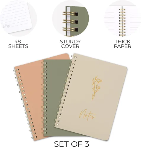 Vista 7 de ZICOTO Set de 3 Cuadernos de Espiral Estéticos para Mujeres - Lindo Diario/Cuaderno de 7x5 con Páginas Rayadas de Regla Universitaria - Suministros