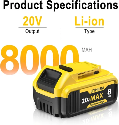 Vista 10 de Paquete de 4 baterías de iones de litio de 8000 mAh para batería Dewalt de 20 V Max, compatible con herramientas DCB200 DCB201 DCB204 DCB206 DCB207