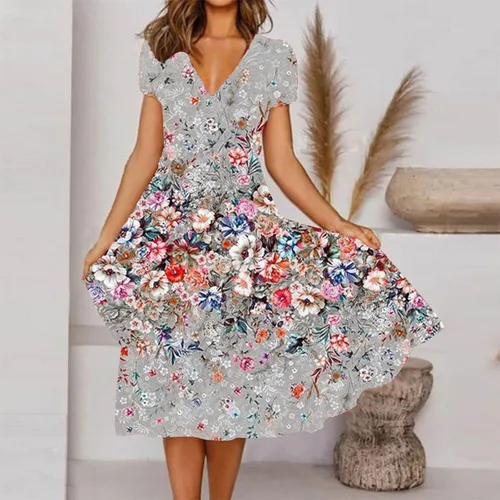 Vista 2 de ZEFOTIM Vestidos de verano para mujer 2023 de manga cortasin mangas, floral, cuello en V, vestido por debajo de la rodilla, vestidos casuales fluidos
