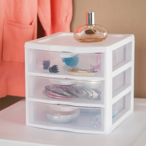 Vista 8 de Tribello Almacenamiento de plástico con 3 cajones, mini cajón, marco blanco con cajones transparentes para almacenamiento de manualidades, 10