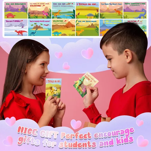 Vista 5 de Juego de 48 tarjetas para el día de San Valentín con juguetes de figuras de dinosaurio, tarjetas de dinosaurio, tarjetas de San Valentín