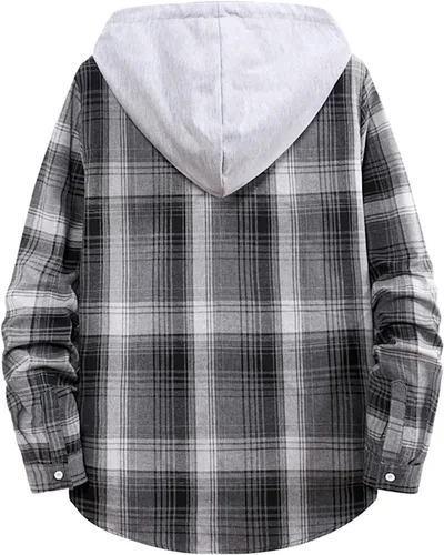 Vista 4 de Camisas a cuadros para hombre, chaqueta de franela de manga larga a cuadros con capucha y botones de franela a cuadros