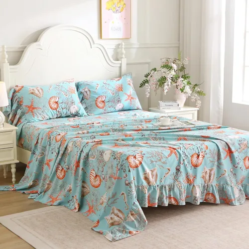 Vista 8 de ABREEZE Juego de sábanas con estampado floral beige, juego de ropa de cama bohemio, juego de ropa de cama de lujo de 4 piezas, medallón de damasco
