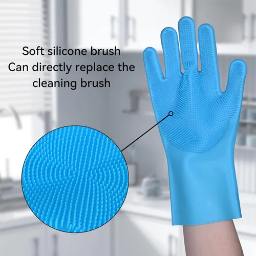 Vista 2 de Guantes de silicona para lavar platos, guantes de cocina para lavar platos, reutilizables, impermeables, para el hogar, con cepillo de limpieza