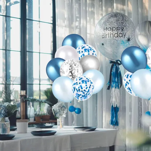 Vista 7 de 60 globos de confeti azul plateado y blanco de 12 pulgadas, globos de color blanco azul claro, globos plateados metálicos, globos de confeti