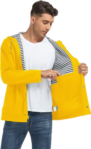 Vista 4 de Chubasqueros impermeables para hombre, con capucha, rompevientos con forro a rayas, para senderismo, correr, viajes
